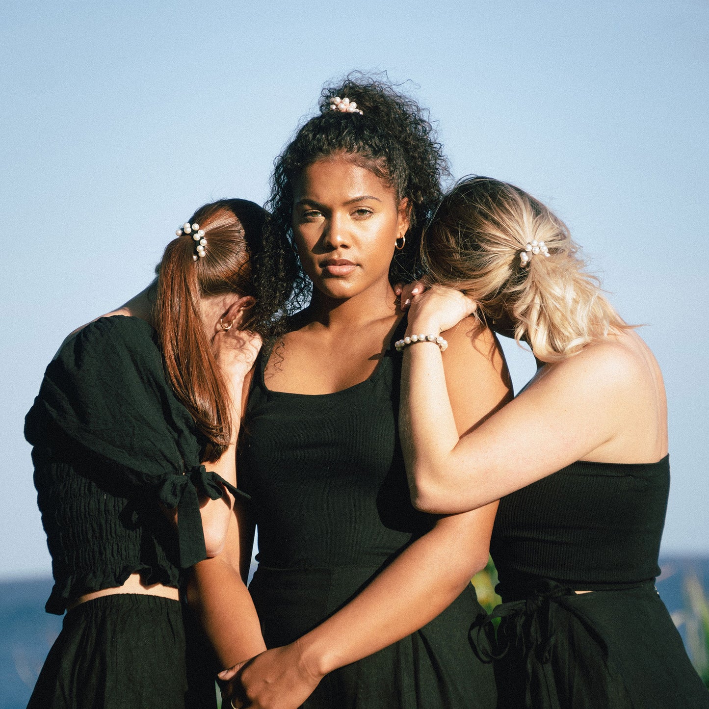 Dear Cleo pearl hair tie three pack styled