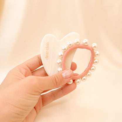 The Morning Ritual bundle — Dear Cleo pearl hair ties and white jade gua sha